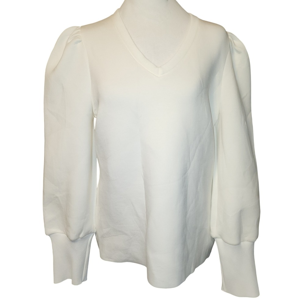 Truth by Republic White Puff Sleeve V-Neck Top Ribbed Cuff Knit Blouse Size L
